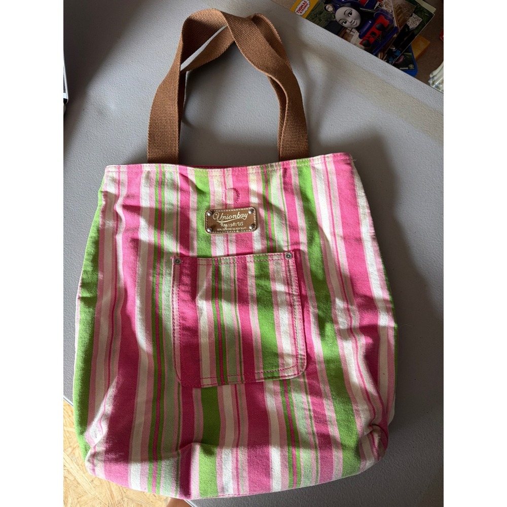 Unionbay Pink Green Striped Canvas Tote Bag Front Pocket Y2K Preppy Shopper